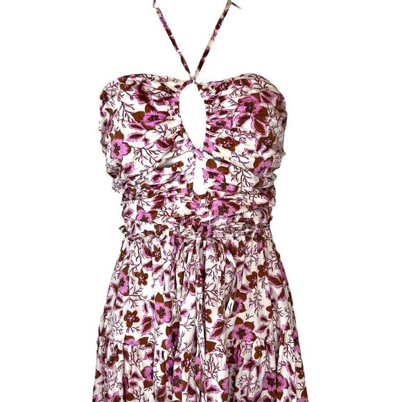 Jason WU Halter Strapless Floral Smocked Midi Dress in Pink Brown Women's Small - Picture 2 of 15